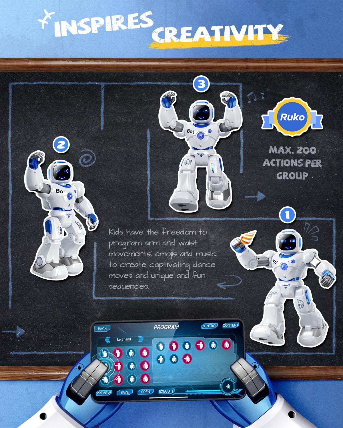 Ruko 1088 Smart Robots for Kids, Large Programmable Interactive RC Robot with Voice Control, APP Control, Present for 4 5 6 7 8