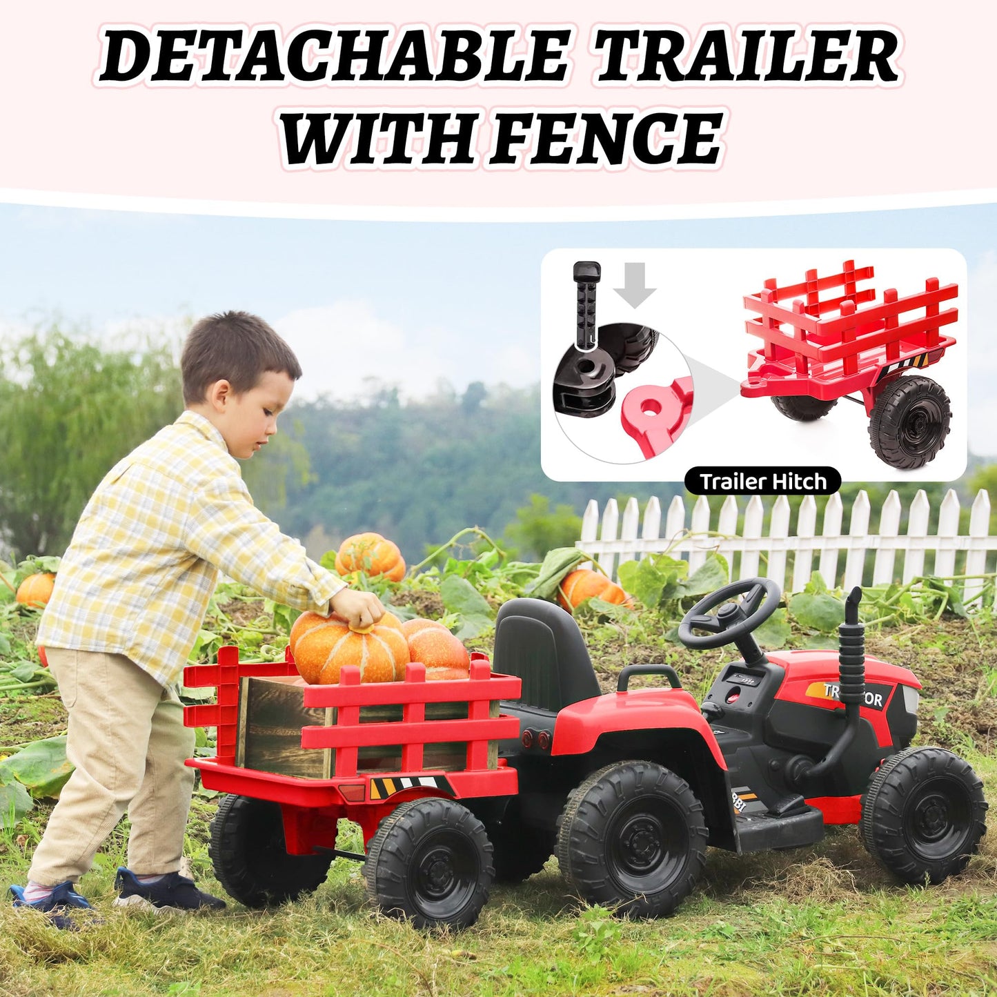 Tobbi 12V Battery-Powered Toy Tractor With Trailer And 35W Dual Motors,3-Gear-Shift Ground Loader Ride On With Led Lights And Usb Audio Functions In Red