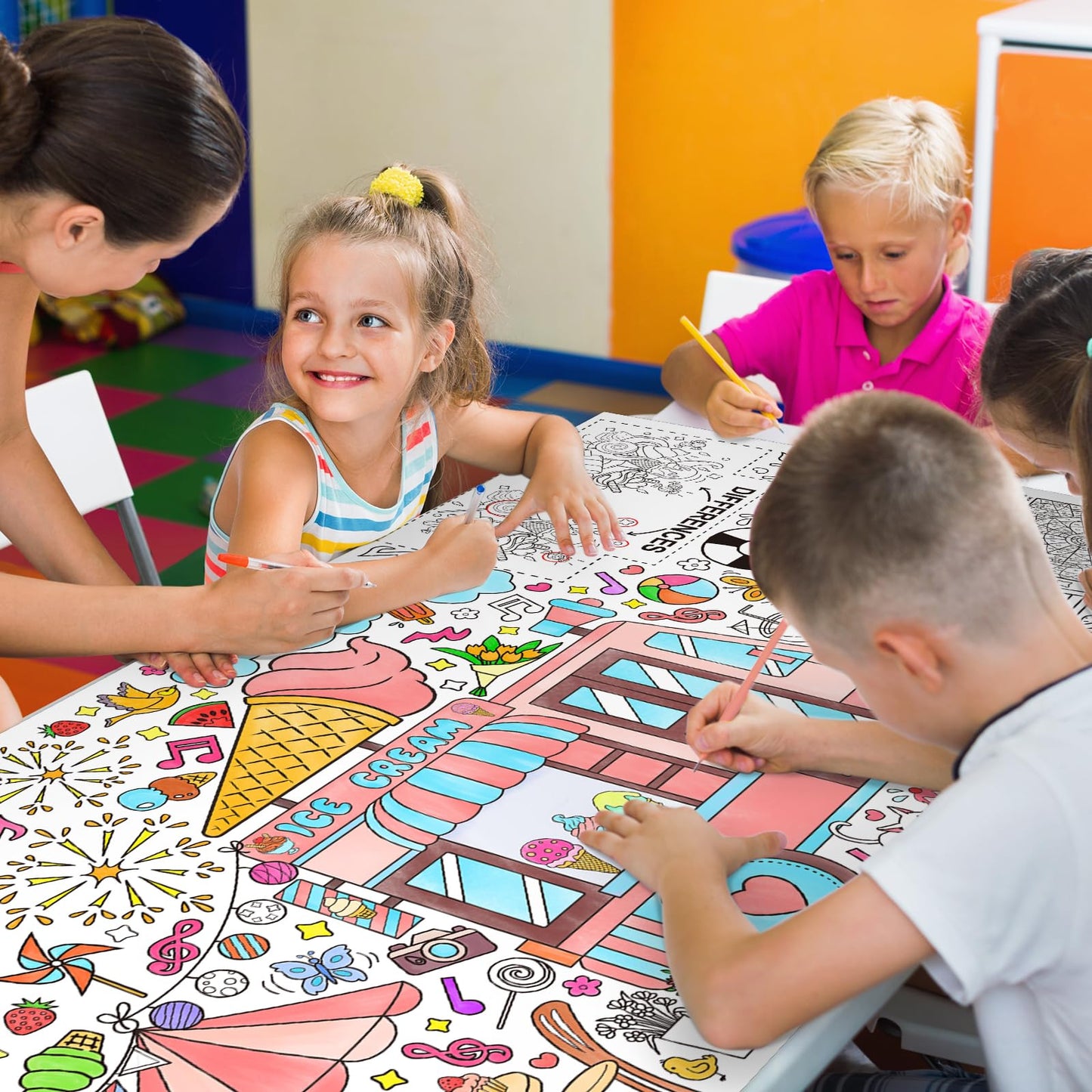 Giant Coloring Poster For Classroom Wall - Versatile 31.5 X 72 Inches Summer Activity Poster/Table Cover, School Parties, Summer