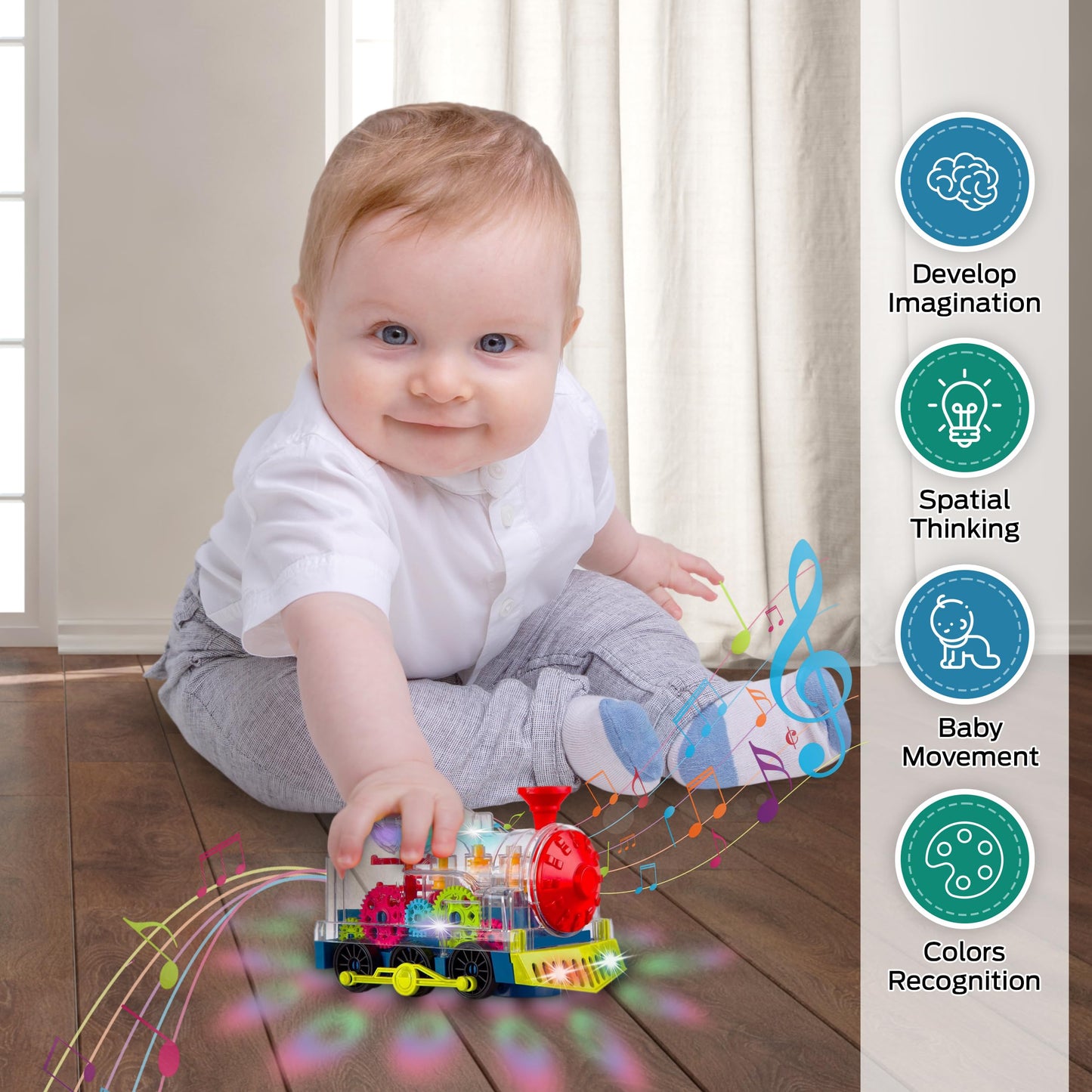 Tooty Toy Music Train Toy With Led Light Up For Kids - Colorful Moving Transparent Gears For Toddlers -Tummy Time Crawling Baby Toys -Ideal Gift For Boys Girls