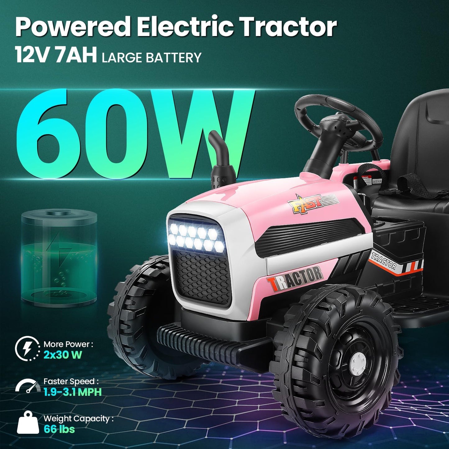 Hikole Ride on Tractor with Trailer, Kids Electric Tractor with Remote Control, Detachable Trailer, 11-LED Headlights, 30W Dual