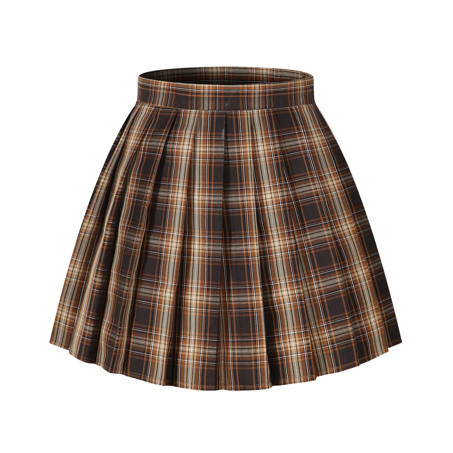 Womens Short Pleated Plaid Costumes Skirt(Dark Brown Mixed White,X-Large)