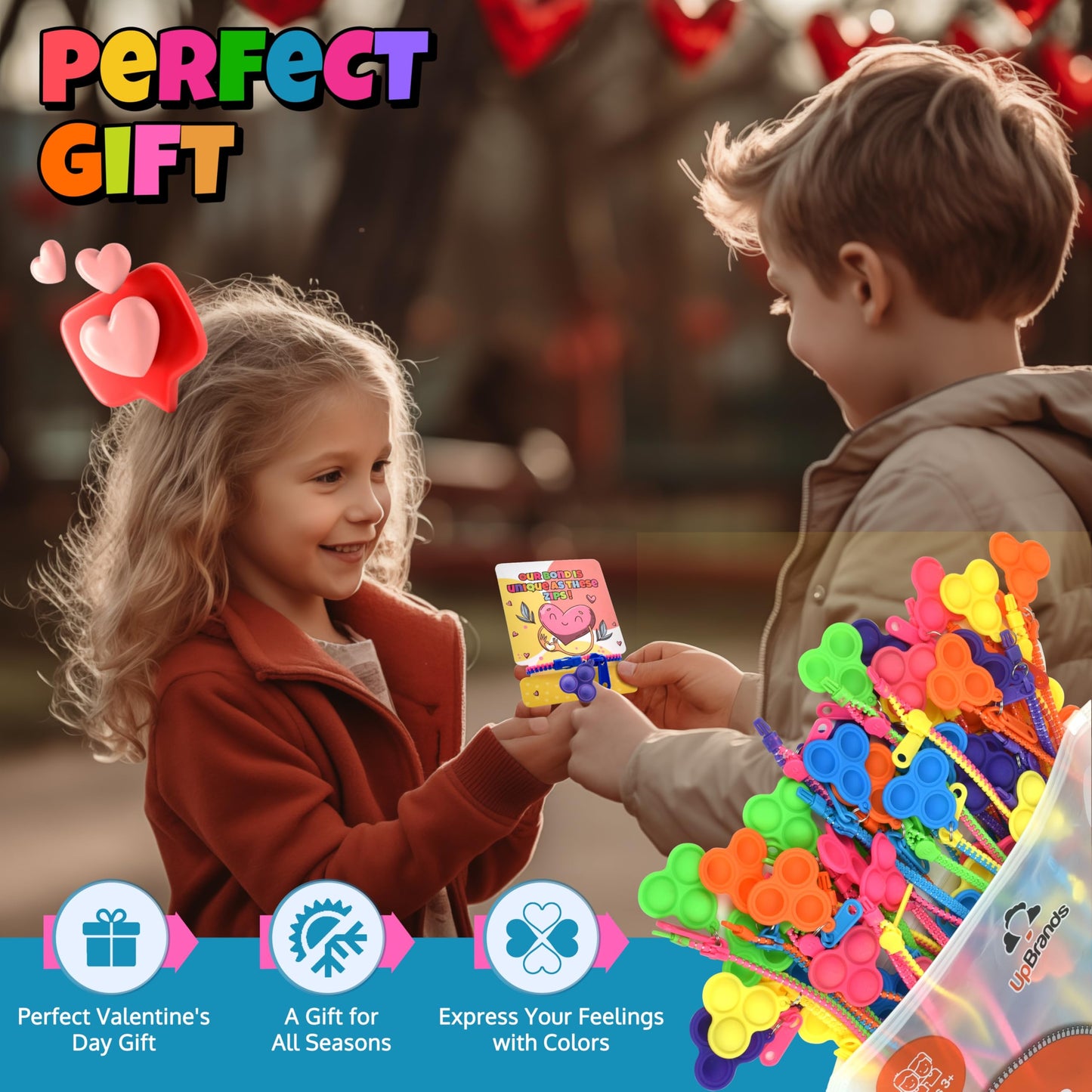 UpBrands Bulk Case of 1440 Packs Pop-It Zipper Bracelets with Valentine Cards Per Pack - Sensory Valentine Gifts for Classroom E