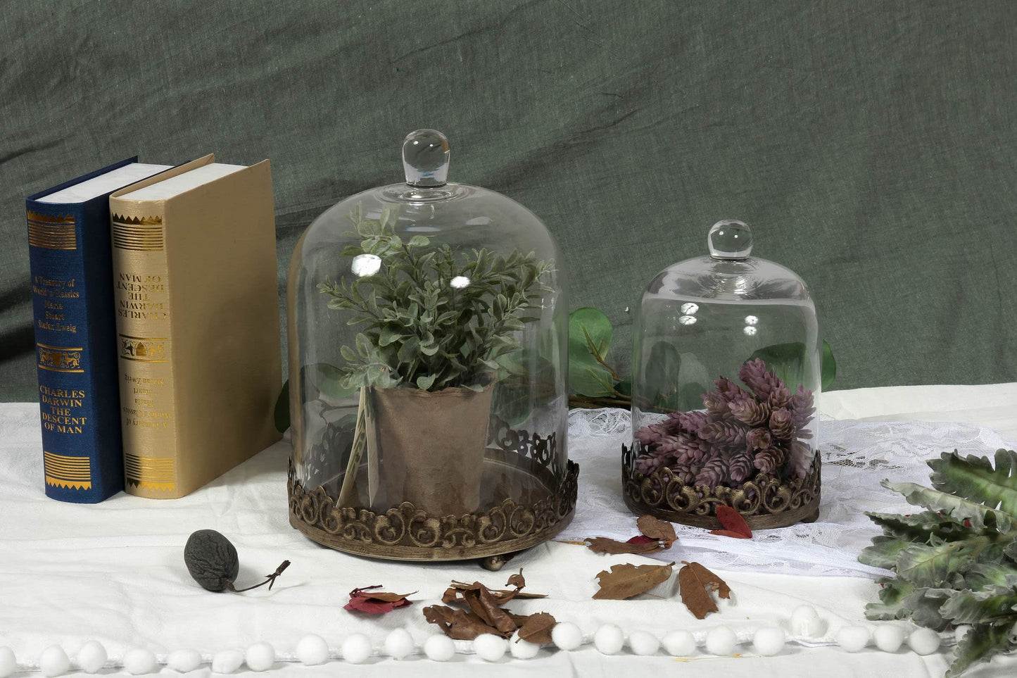 12' Tall Large Sturdy Handmade Glass Cloche Dome With Metal Base 11.4' H X 8' And 8' H X 5.5' In Set Of 2 In Gold For Plant, Terrarium, Collectibles, Candle. Cloche Glass Dome, Bell Jar Display Case
