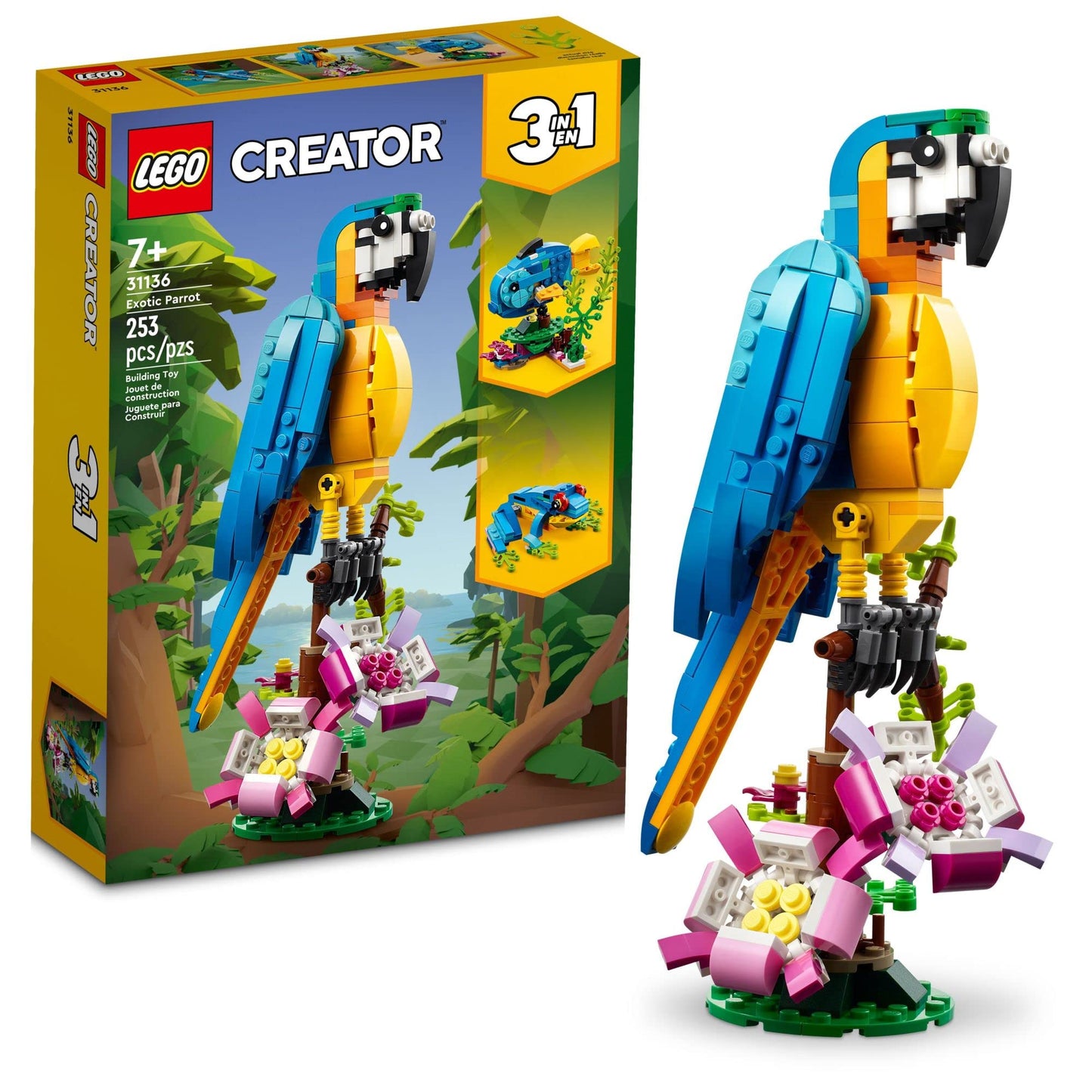 Lego Creator 3 In 1 Exotic Parrot Building Toy Set, Transforms To 3 Different Animal Figures - From Colorful Parrot, To Swimming Fish, To Cute Frog, Creative Toys For Kids Ages 7 And Up, 31136