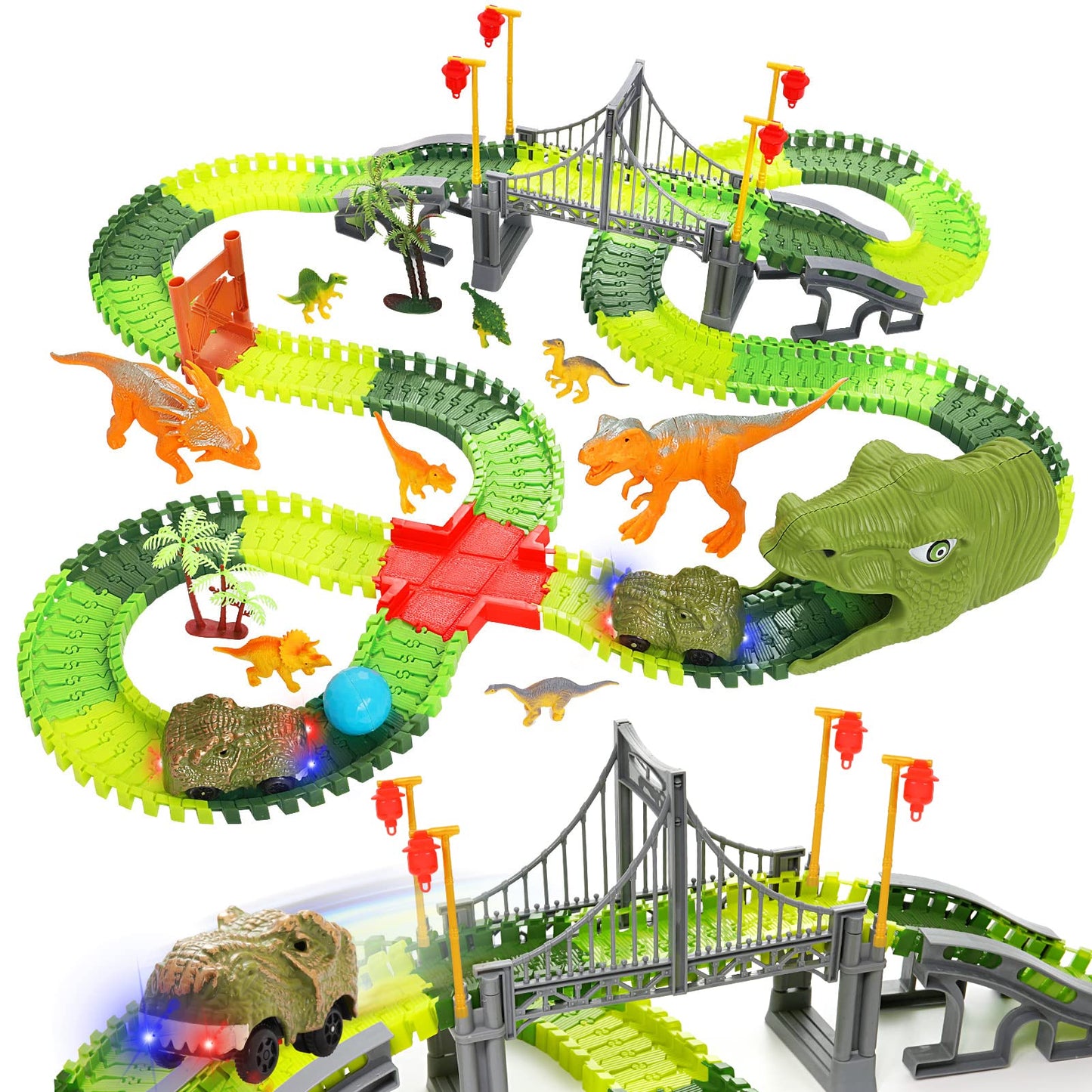 BEMITON Dinosaur Toys Race Car Track, Create a Dinosaur World Road Race, Flexible Dinosaur Track Toys Set 273+ Pcs Christmas Bir
