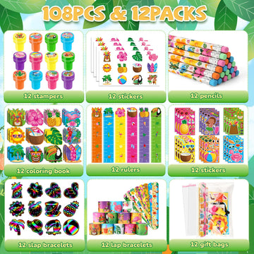 BenLouis Hawaiian Luau Party Favors Set - 108 Pcs Tropical Tiki Theme Goodie Bag Stuffers for Kids Birthday Pool School Classroom
