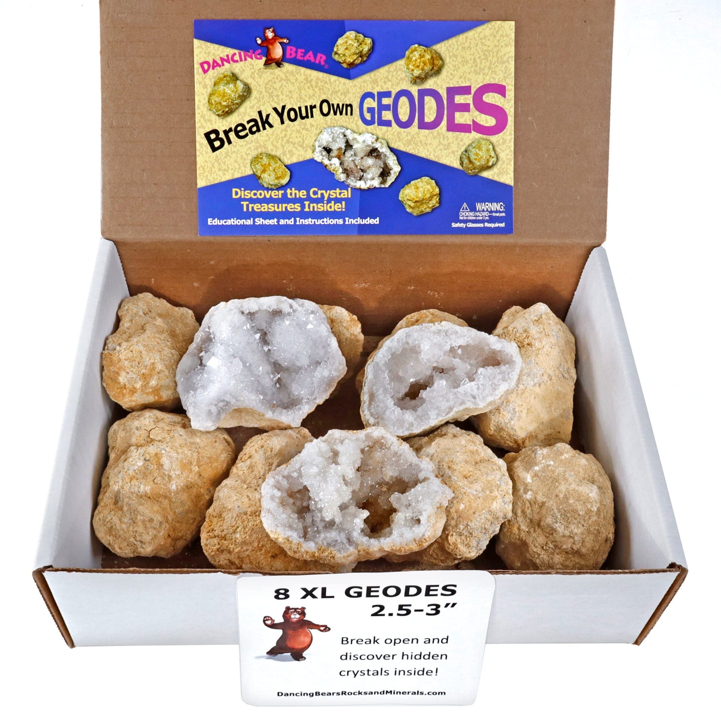 DANCING BEAR Break Your Own Geodes - 8 XL (2.5-3.5") with Educational Info & Surprise Crystals - Fun Party Favors & Prizes
