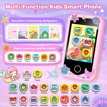 M SANMERSEN Kids Smart Phone - 2.8" Touchscreen, 32G SD Card, Dual Camera, 28 Games, Music Player - Light Pink, Age 3-10