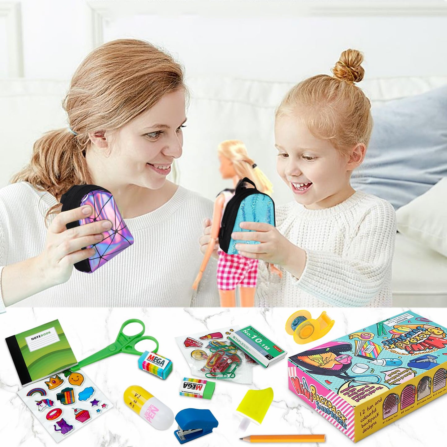Euclidean Cube 2 Pieces Mini Doll Backpack Toys With 12 Stationery Surprises Inside, Collectible Mini Backpack For Doll With Carabiner, Doll School Supplies For Boys And Girls (Styles And Color Vary)