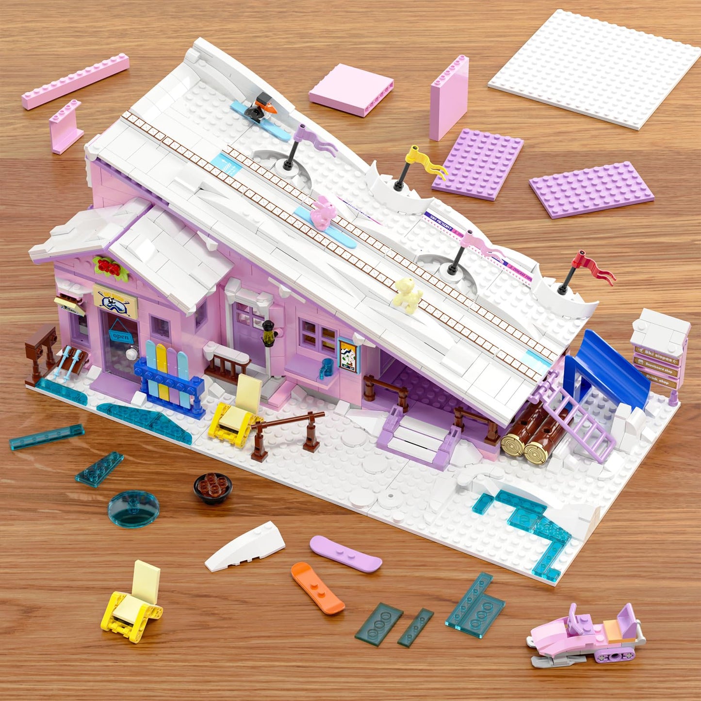 Pink Girls Ski Resort Winter Village House Building Set Compatible With Lego Friends Snow Cabin Collection, Construction Educational Toy For Kids Age 8-12 And Up 1042 Pcs