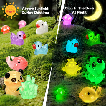 GOKUPOK Luminous Mini Resin Ducks Tiny Animals Glow in The Dark Duck Panda Dolphin Mushroom 4 Combination Sets for Garden Micro