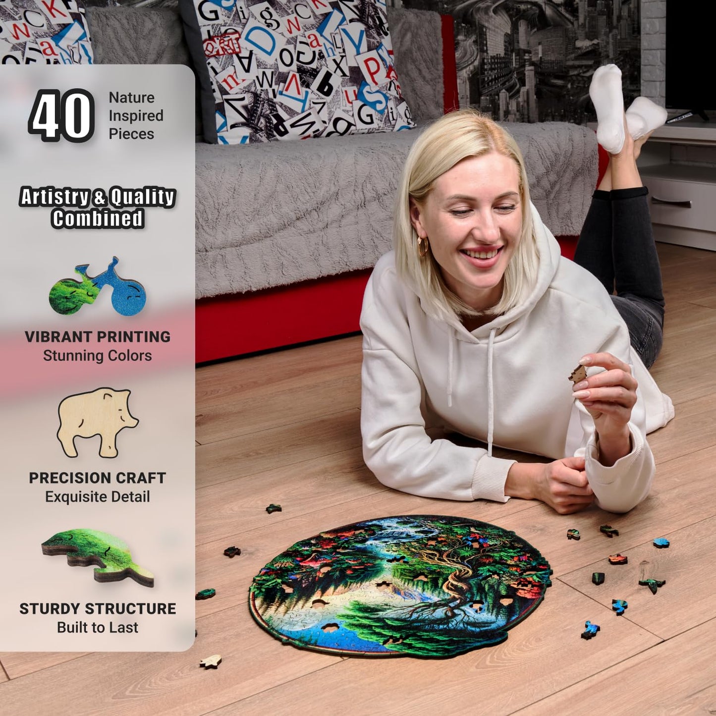 Majestic Landscape - 350 Piece Wooden Puzzles for mature-themeds - 15 x 14.6 in - Extra-Thick 5 mm Wood Puzzle Hand-Shaped Pieces Round Mosaic Design - enhanced Gift for Puzzle Lovers by LEOGOR