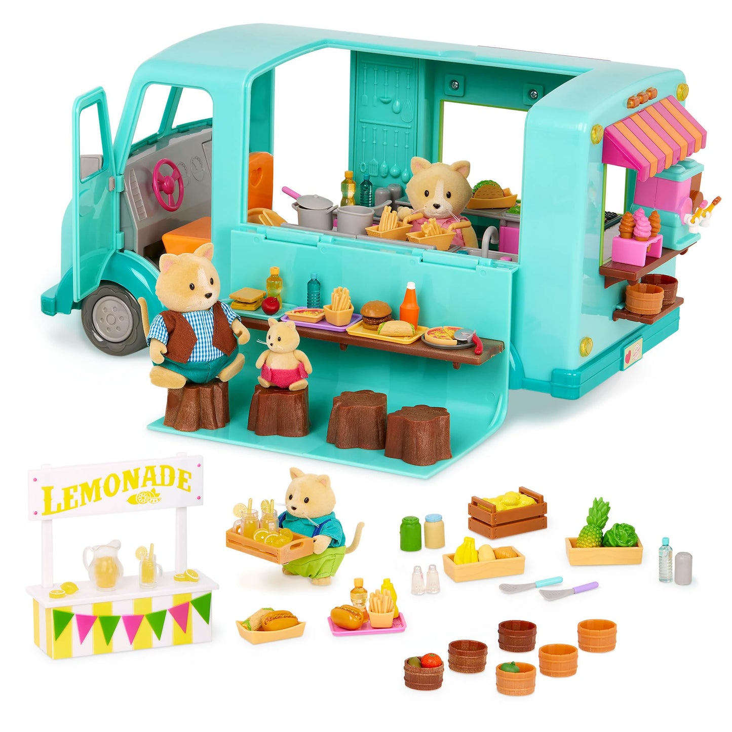 Li’L Woodzeez – Honeysuckle Sweet & Treats Playset – 107 Pcs Food Truck & Pretend Play Food – Cat Family With Storybook Included – Doll Playset With Furnitures For Kids 3 Years +
