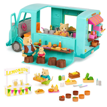 Li’l Woodzeez Honeysuckle Sweet & Treats Playset - 107 Pcs Food Truck & Pretend Play Food for Kids 3+ - Cat Family with Storybook