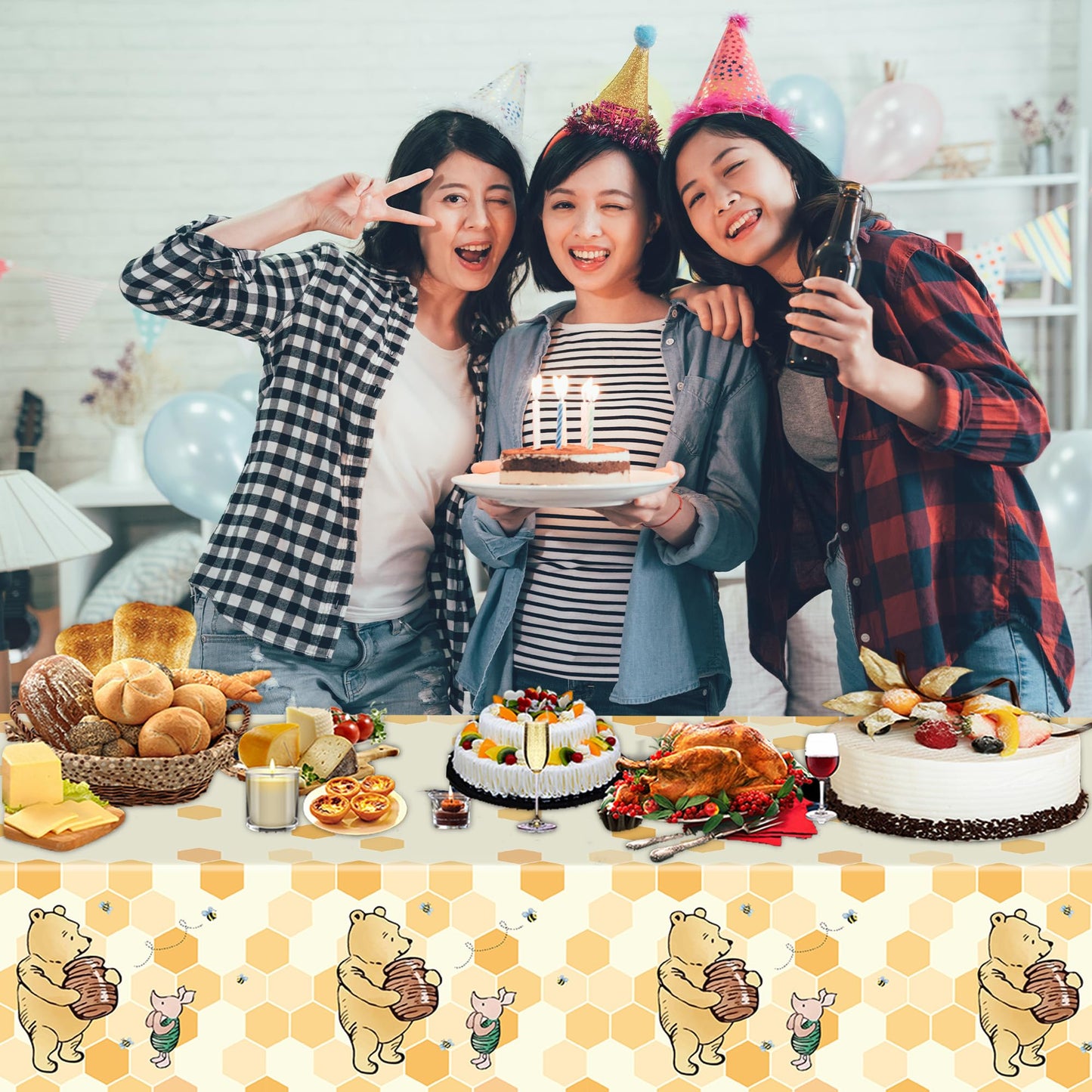 Auroraparty 3Pcs Winnie Party Tablecloth Bear Baby Shower Or Birthday Party Table Cover Honey Plastic Rectangle Birthday Party D