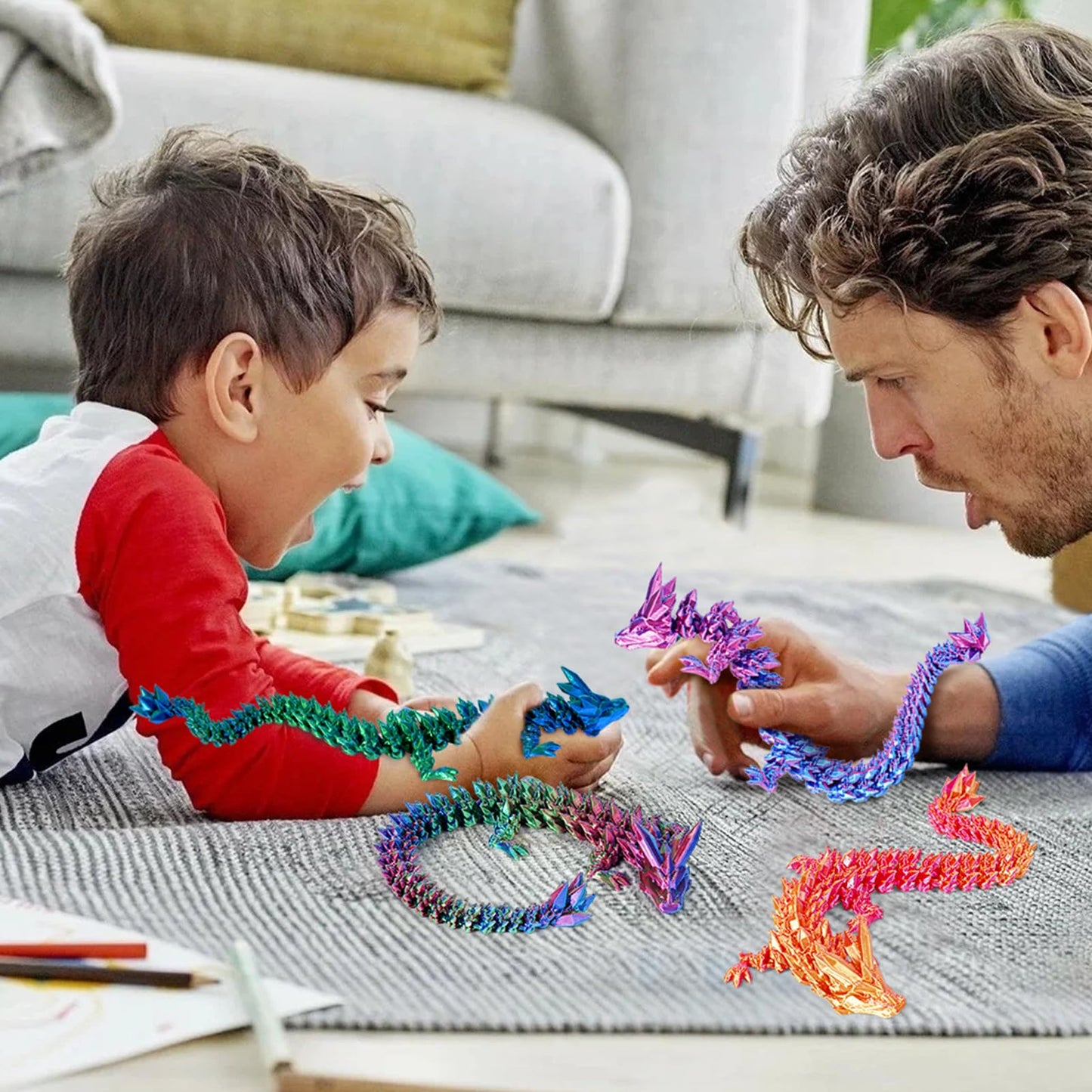 3D Printed Dragon, 4Pcs Crystal Dragon Fidget Toy, Flexible Articulated Dragon 3D Printer Animal Decor (4-Piece Set-B)