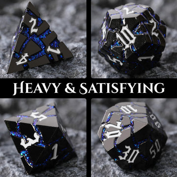 Soar Forge Metal Dice for DND - Beautiful Blue Glitter Cracks Dice Set Compatible with Dungeons and Dragons and Other RPG, Dice