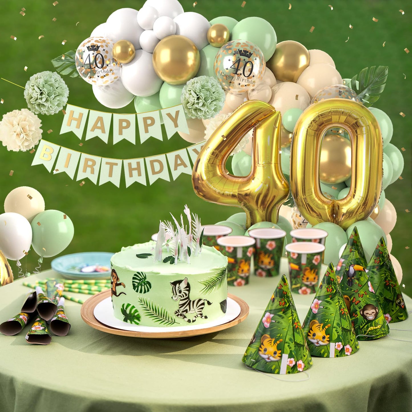 Dagelar 40th Birthday Decorations - Sage Green Balloon Garland with Number 40 Foil Balloons and Happy Birthday Banner