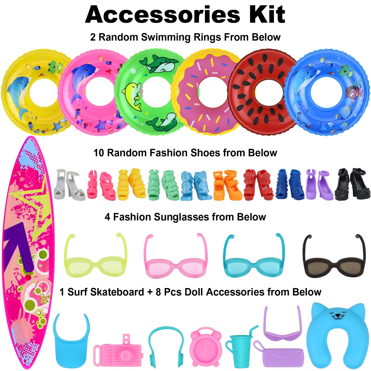 Ecore Fun 35 Pcs Doll Clothes Swimwear Beach Bathing Kit Including 10 Bikini Swimsuit 2 Swimming Ring 4 Fashion Glasses 10 Pairs Shoes 1 Surf Skateboard 8 Doll Accessories For 11.5 Inch Doll