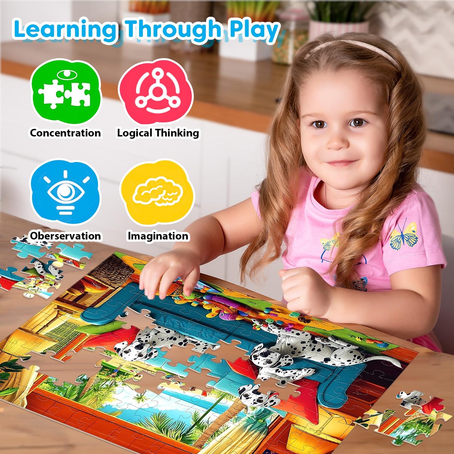 Ciavotie 4 Packs 100 Piece Puzzles for Kids Ages 4-6-8-10 Donuts Insects Dalmatians Animals Large Piece Jigsaw Puzzles for Children Senior mature-themed Educational Puzzle Toys Preschool Birthday Gifts