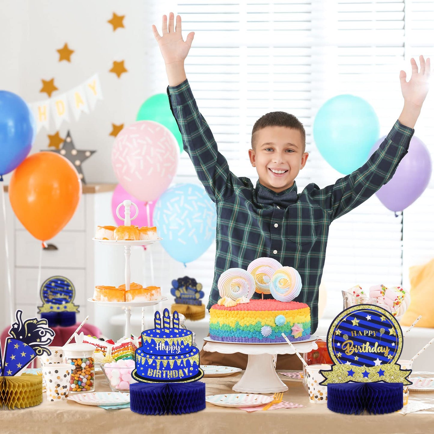 9 Pieces Blue Gold Birthday Table Decorations Happy Birthday Honeycomb Centerpieces Glitter Table Toppers, Blue and Gold Party D