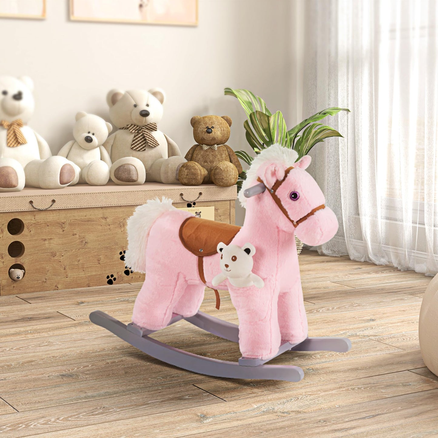 Qaba Kids Plush Ride-On Rocking Horse With Bear Toy, Children Chair With Soft Plush Toy & Fun Realistic Sounds, Pink