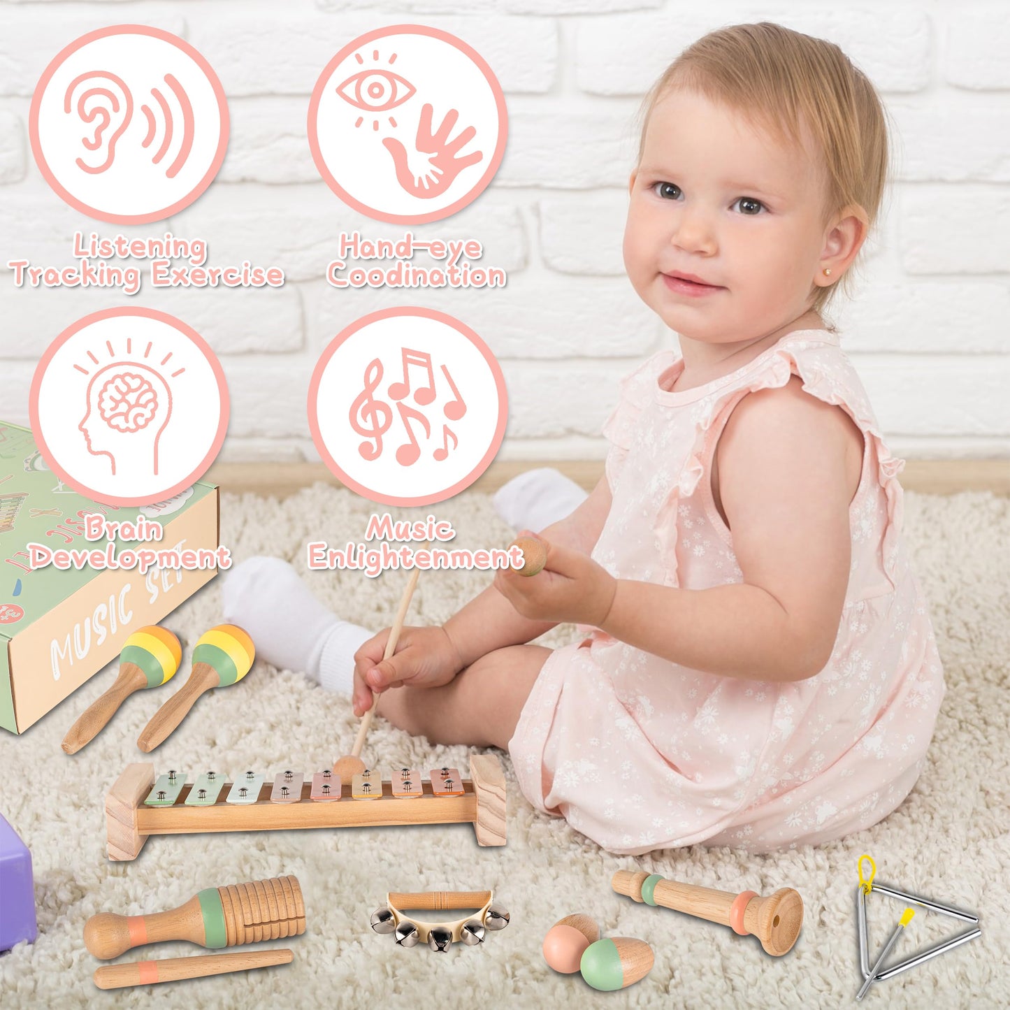 Vinjoe Baby Musical Instruments-Toddler Montessori Wooden Musical Toys For Kids 1-3, Neutral Colors Percussion Instruments Set E