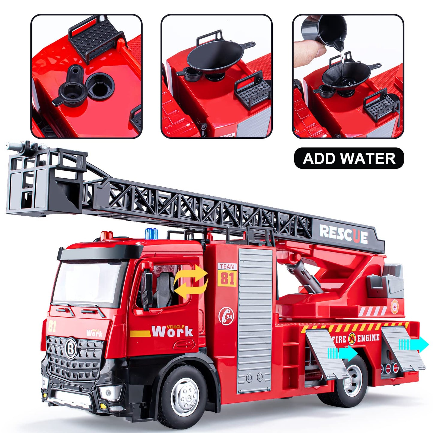 HAPYAD Fire Truck Toy Metal Cab, Fire Engine Truck with Lights and Siren Sounds, Working Water Pump and Ladder, Firetruck Toy fo
