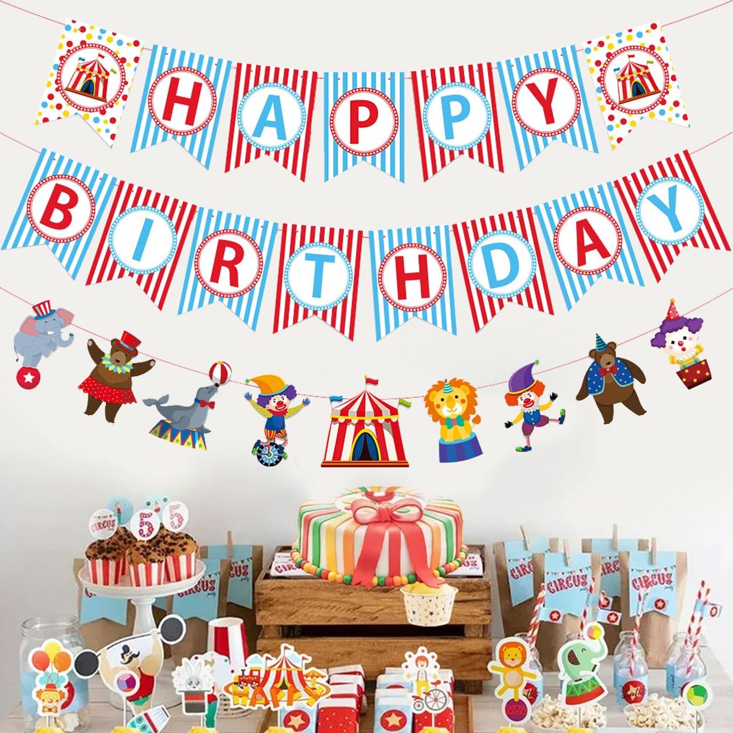 Zwiebeco Birthday Party Decoration Supplies Happy Birthday Banner Hanging Colorful Paper Amusement Park Circus Theme Bunting Ban