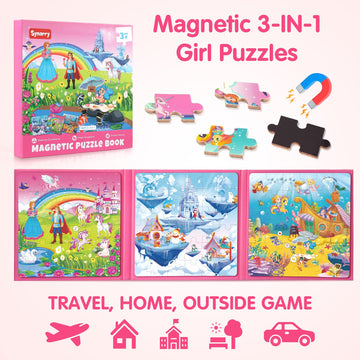 SYNARRY Unicorn Princess Mermaid Magnetic Puzzles for Toddlers 3-5, 36 Pieces Travel Puzzles for Kids Ages 4-8, Airplane Car Roa