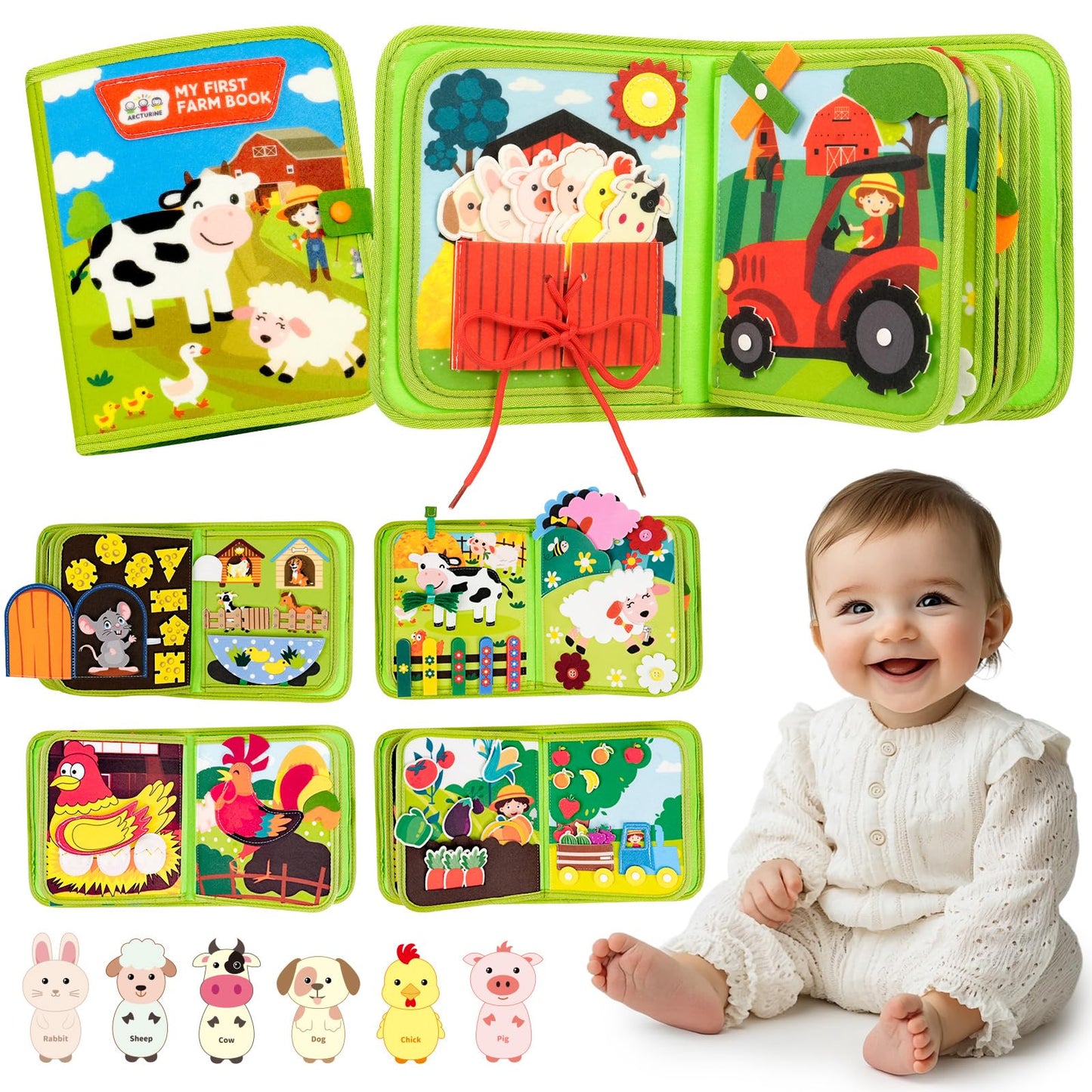 Arcturine Busy Book For Toddlers 1-3, 20 In 1 Farm Activity Book With Life Skills Cognition Sorting Matching, Airplane Car Trave