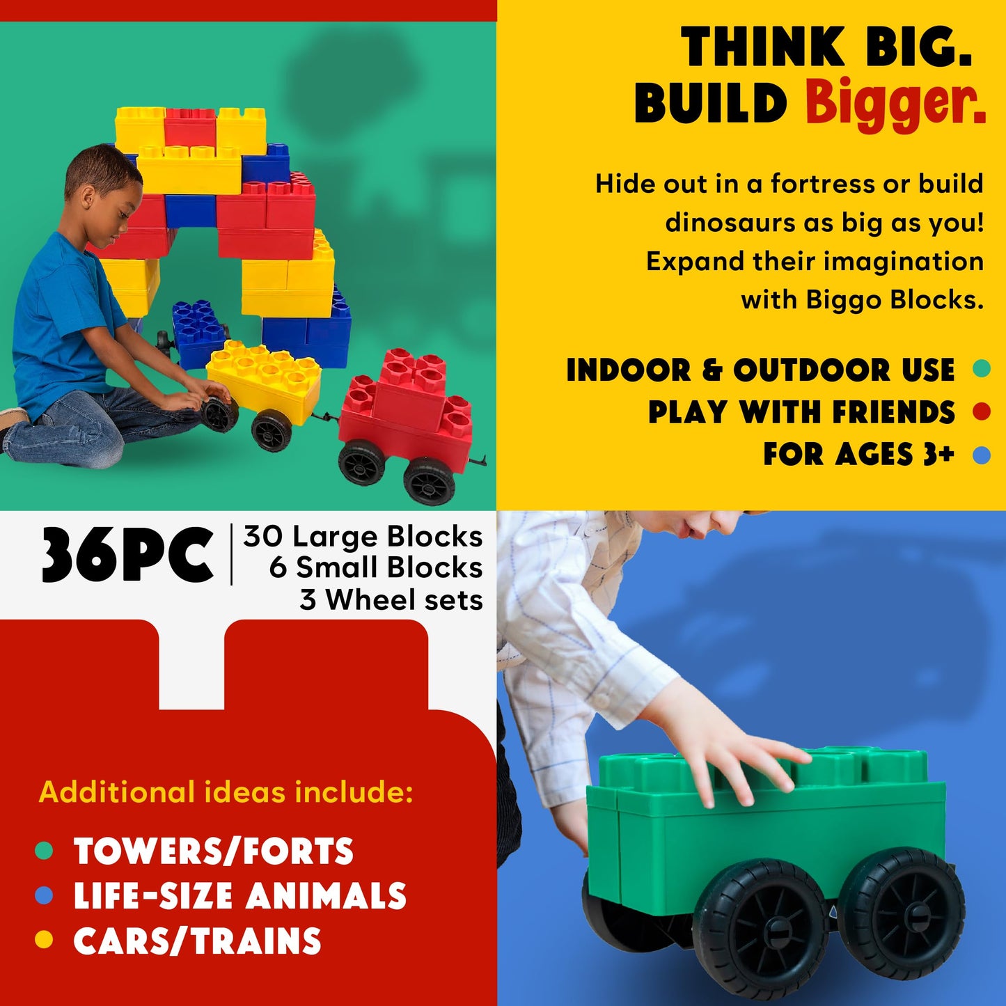 Biggoblocks Big Blocks For Kids Ages 4-8 - Indoor & Outdoor Blocks For Kids Games - Large Building Blocks (36 Pc With 3 Cars) Tr