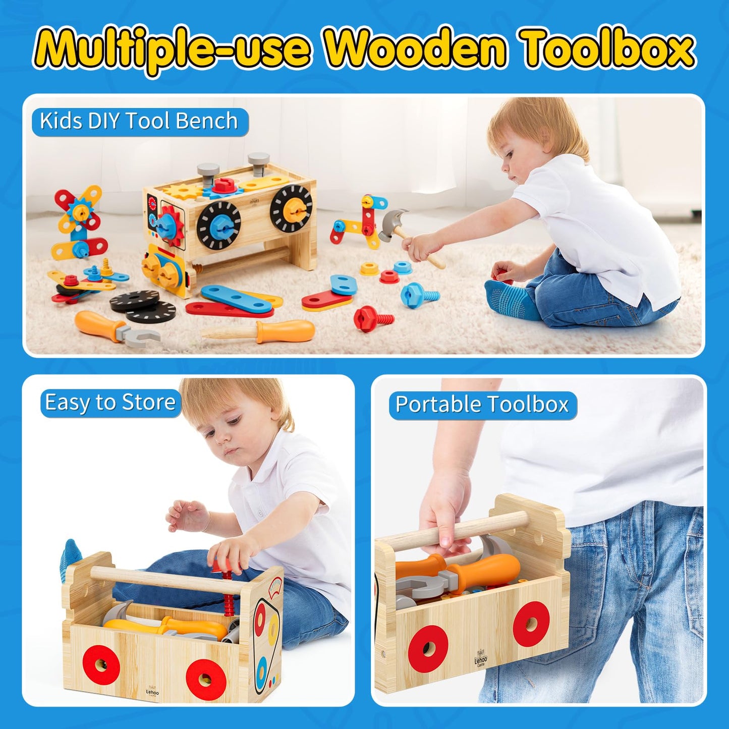 Montessori Kids Tool Set, Wooden Toddler Tool Bench Educational Toys for Ages 2-4, 2 Year Old Boy Gift for Birthday Christmas, S