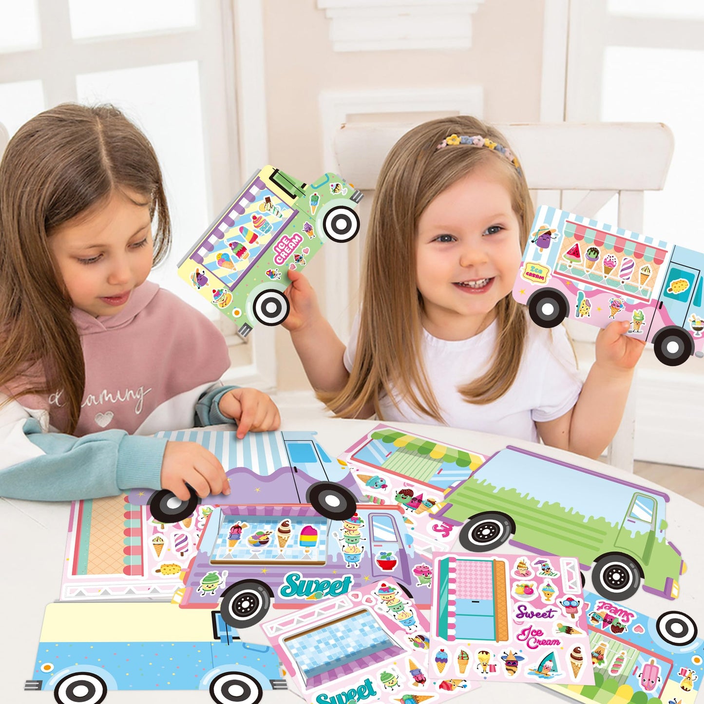 Cy2Side Ice Cream Stickers Scene - Make Your Own Ice Cream Cart Scene Sticker Art Craft Diy Dessert Truck Shop Stickers Scene With Mix Match Sweets Stickers For Kid Summer Party Games For Classroom