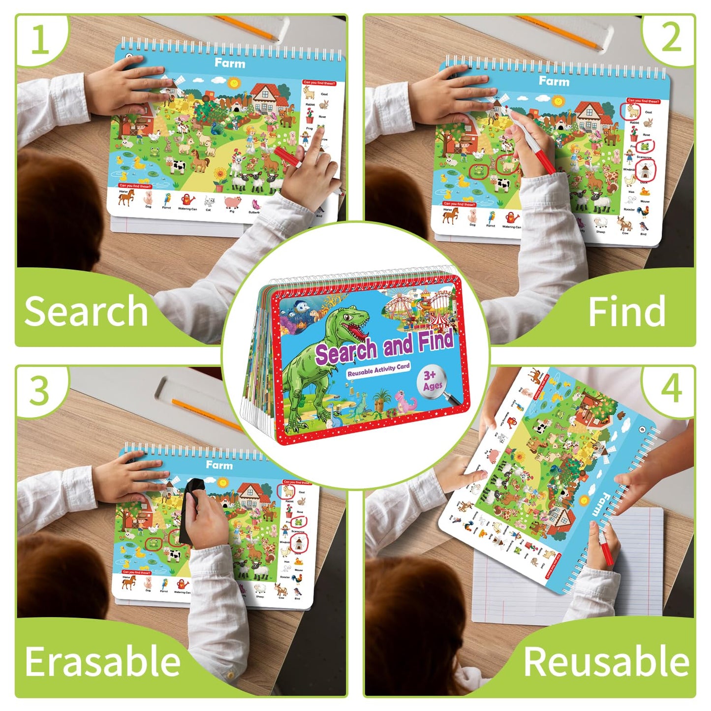 Elfew Search And Find Book For Kids Ages 4-6,3-8, Reusable Activity Mats With 2 Dry Erase Markers 24 Themes Activity Book,Educational Toys For 3+ Year Old