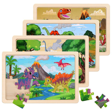 Wooden Puzzles Dinosaur Toys For Kids Ages 3-5, Set Of 4 Packs With 20-Piece Wood Jigsaw Puzzles, Preschool Educational Brain Teaser Boards For Boys And Girls 3 4 5 6 Years Old