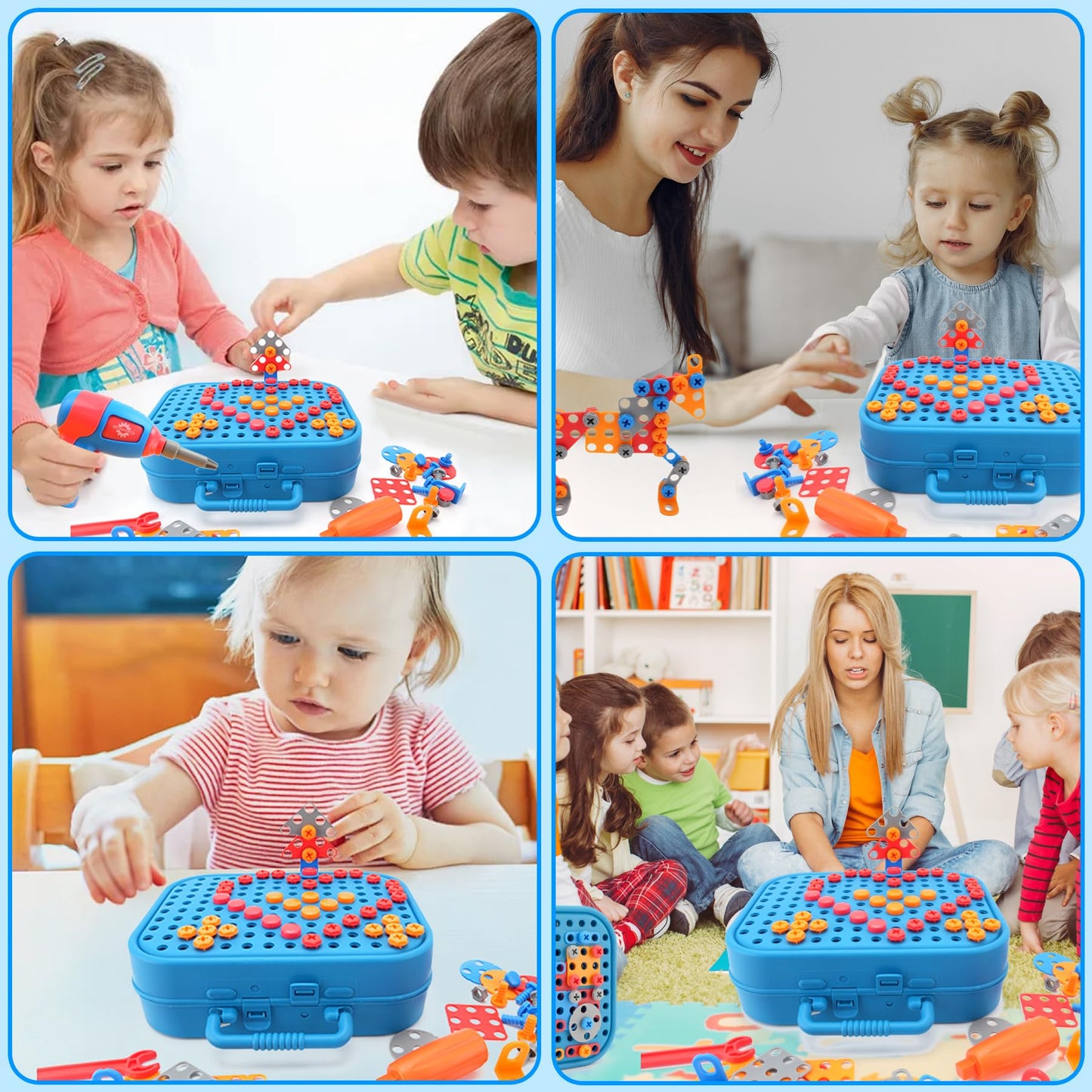 Fiveisix 298Pcs Dinosaur Toy Magic Montessori Play Toolbox for Kids, 2D/3D Creativity Tool Box with Drill, Design and Drill Mont
