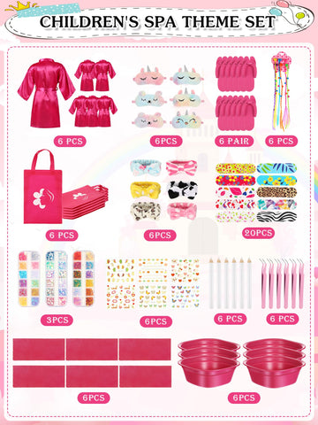 Suhine 6 Set Spa Party Supplies for Girls, Kids Satin Robes Nail Salon Kit Spa Kit Accessories for Birthday Party Favors (Rose R