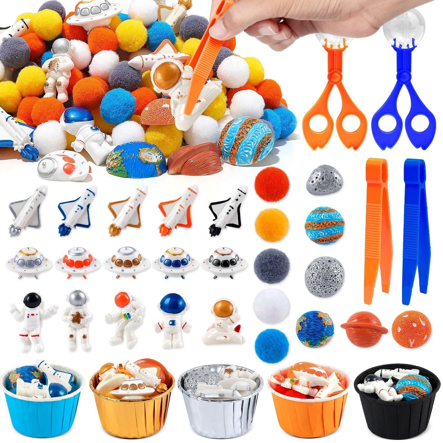 Oaxntgw 135 Pcs Space Sensory Bin Filler Astronaut Spaceship Counting Sorting Sensory Bin Items Fine Motor Galaxy Counts For Val