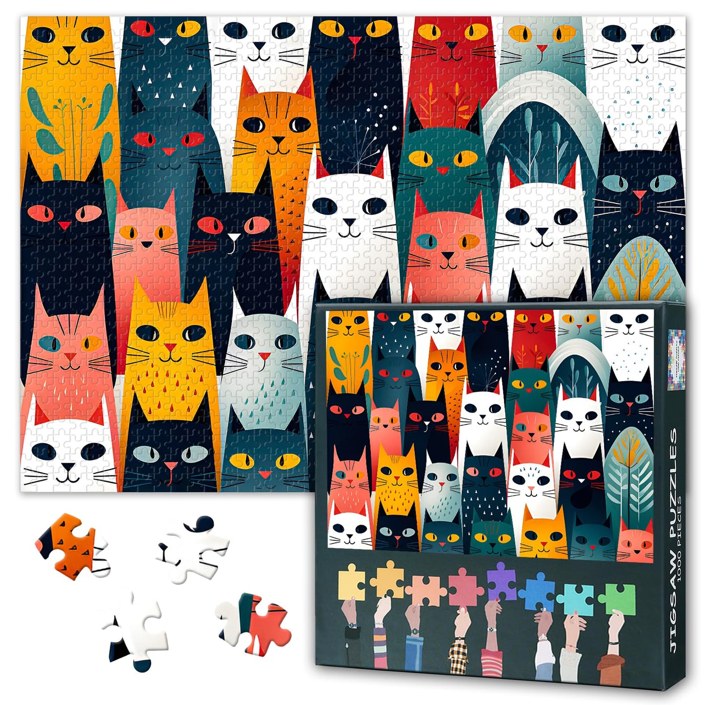 1000 Pieces Jigsaw Puzzle for Adults,Cartoon Cat Pattern with Various Colorful Cats Seamless Pattern Puzzles Games for Adults Ha