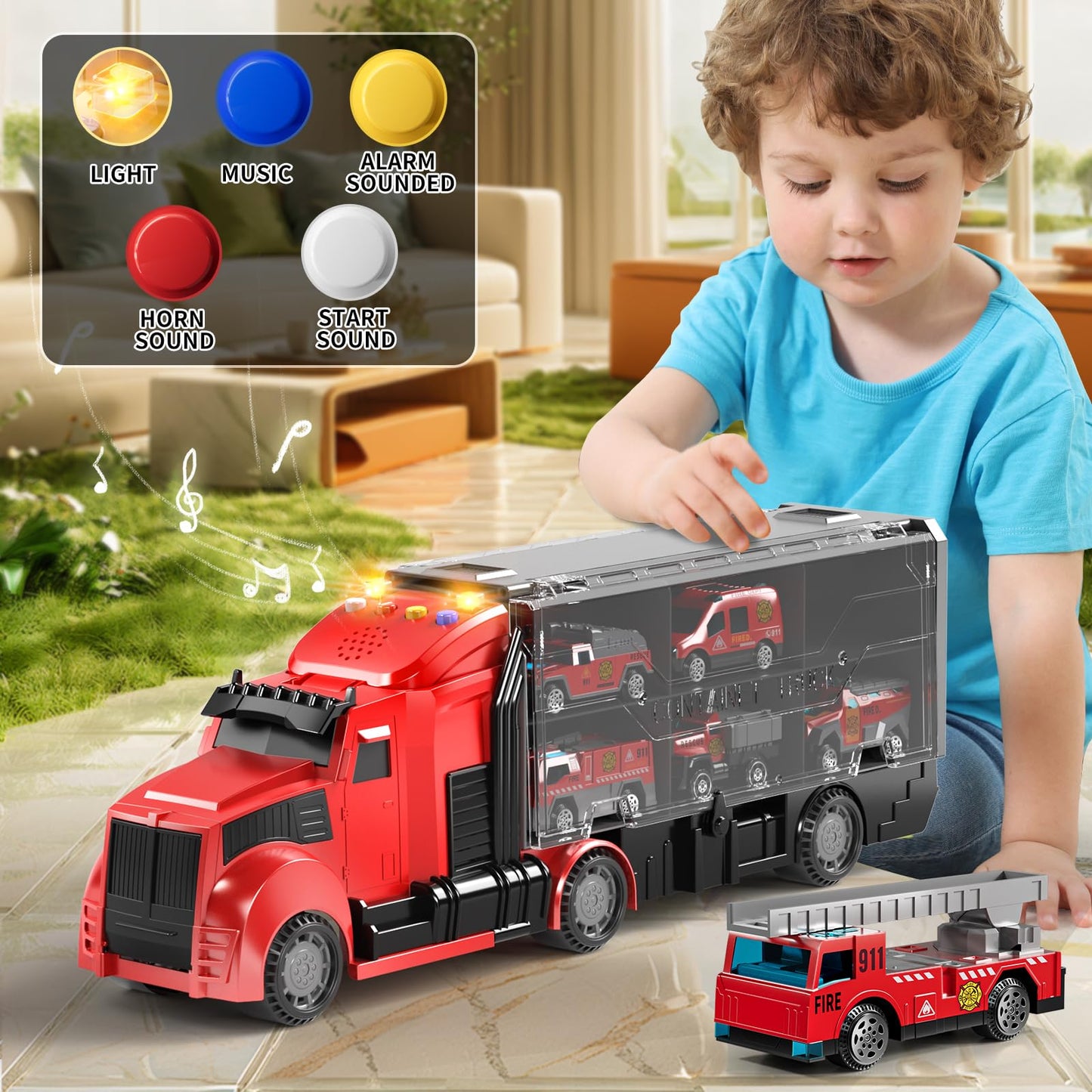 NIPLOOOW Fire Trucks Toy Set with Play Mat, Carrier Truck Play Vehicles Set for 3 4 5 6 Years Old Boys Kids, Die-Cast Car Toy fo