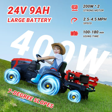 Elemara 24V 9Ah Kids Ride On Tractor With Easy Detachable Trailer, 400W Electric Vehicles, All-Terrain Capability, 24V Ride On Car For Big Kid, 3-Point Seat Belt For Ages 3+, Max 4.5 Mph, Music, Red