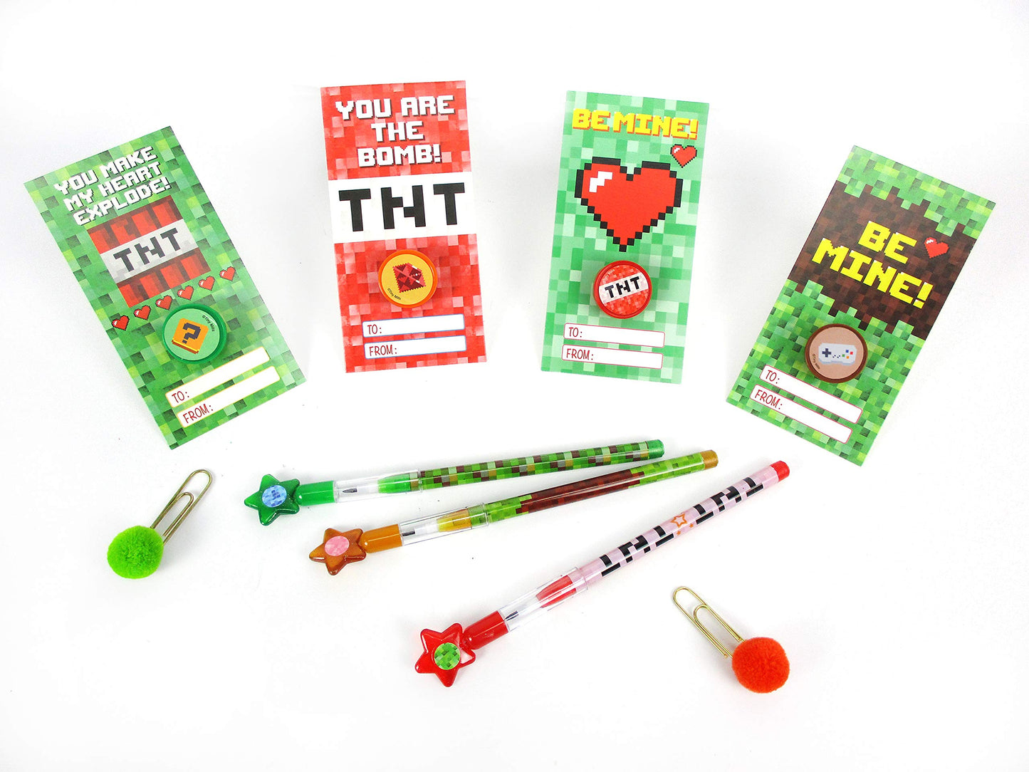 Tiny Mills 36 PACK Pixel Miner Cards with Pixel Miner Stampers for Valentines Day Classroom Exchange Party Favor Prizes