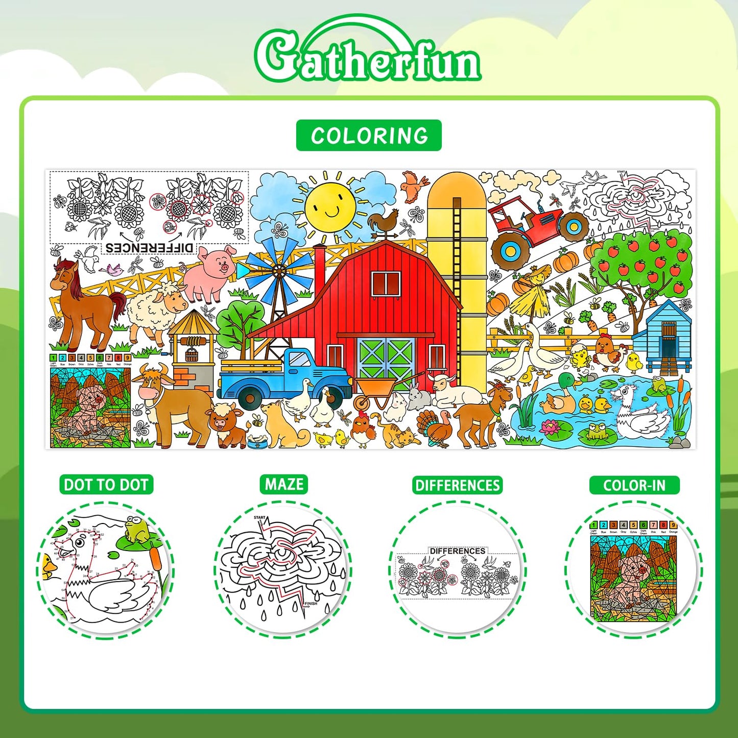 Gatherfun Farm Animal Party Giant Coloring Poster - 31.5X 72 Inches - Versatile Classroom Wall D Cor & Birthday Activity - Farm