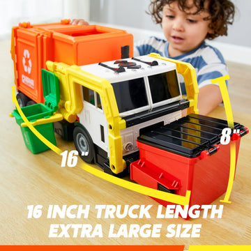 JOYIN Large Friction Powered Garbage Truck Toy Set - Orange, Includes Dumpster, Trash Bins & Learning Cards, Plastic Material
