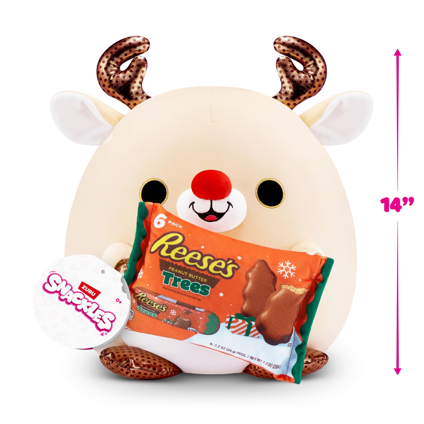 Snackles Christmas Reindeer & Reeses Peanut Butter 14 Inch Plush By Zuru, Ultra Soft Plush, Collectible Plush With Real Licensed Brands, Stuffed Animal, Giftable, Holiday