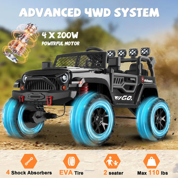 ANPABO 24V 2 Seater Ride on Toy Truck w/EVA Tires, 4X200W Motors, 4 Shock Absorbers, 2.4G Remote Control, Bluetooth Radio, LED H