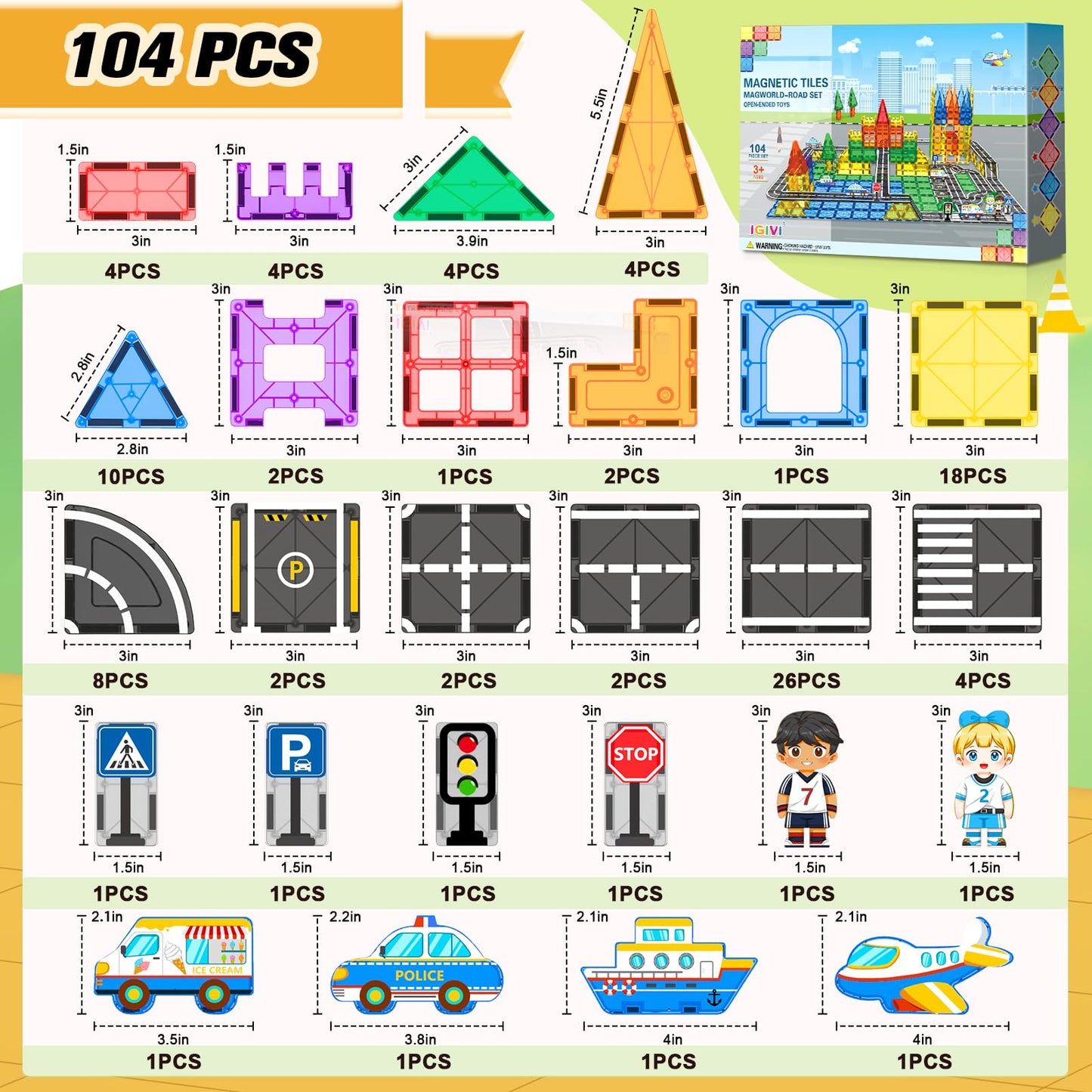 IGIVI 104 PCS Magnetic Tiles Road Set - Colorful STEM Building Blocks for Kids 3+, Perfect Christmas & Birthday Gifts for Boys & Girls
