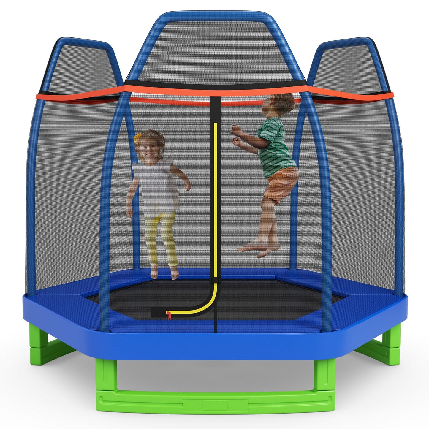 Goplus 7Ft Trampoline For Kids, Astm Approved Trampoline With Enclosure Net, Safety Pad, Galvanized Steel Frame, Heavy Duty Recreational Toddler Trampoline For Boys Girls Outdoor Indoor (Blue&Green)